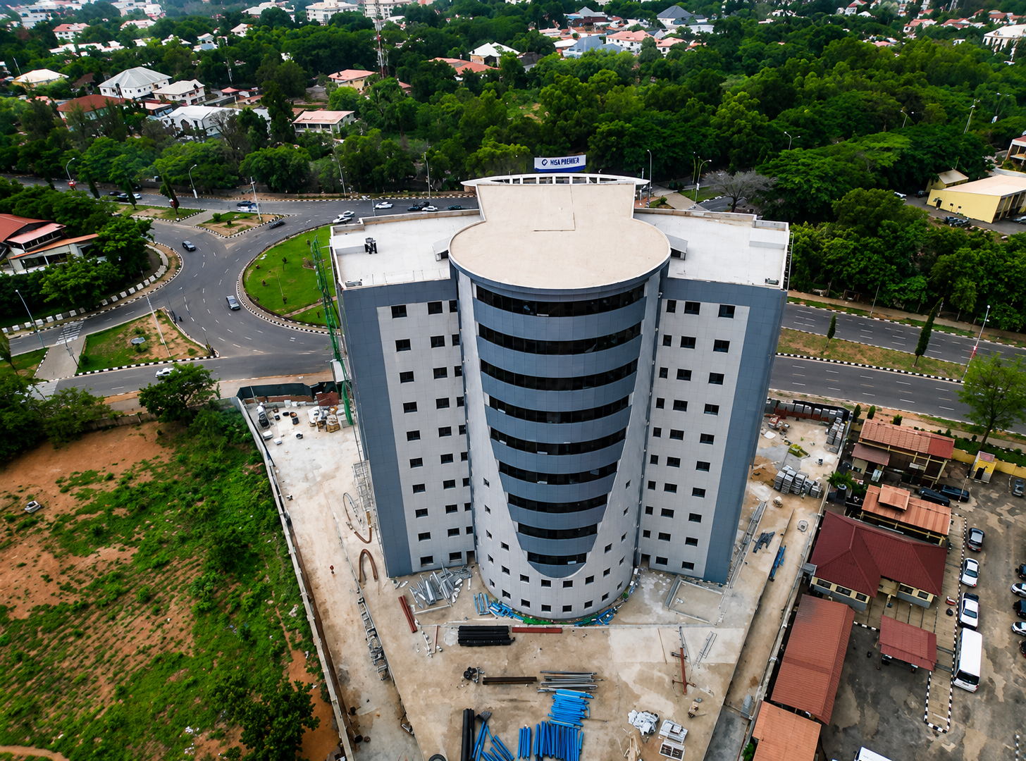 Aerial drone view of the Nisa International Medical Center tower in Wuse 2, Abuja